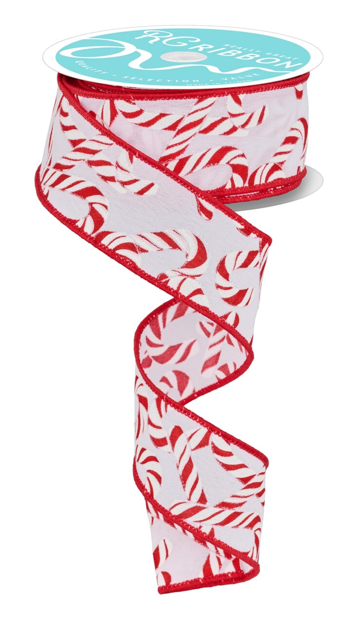 RG Ribbon: 1.5" Christmas Candy Canes Wired Ribbon, 10 Yards - White, Red - For Crafts, Wreaths, Bows, Floral Arrangements, Gift Wrap, and Decorations